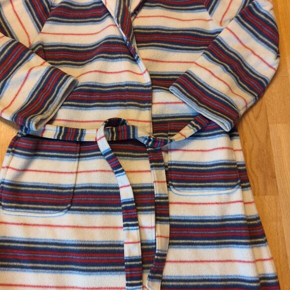 LL Bean Bathrobe Womens Medium Petite White Blue Red Stripes Lounge Belt - Picture 2 of 8